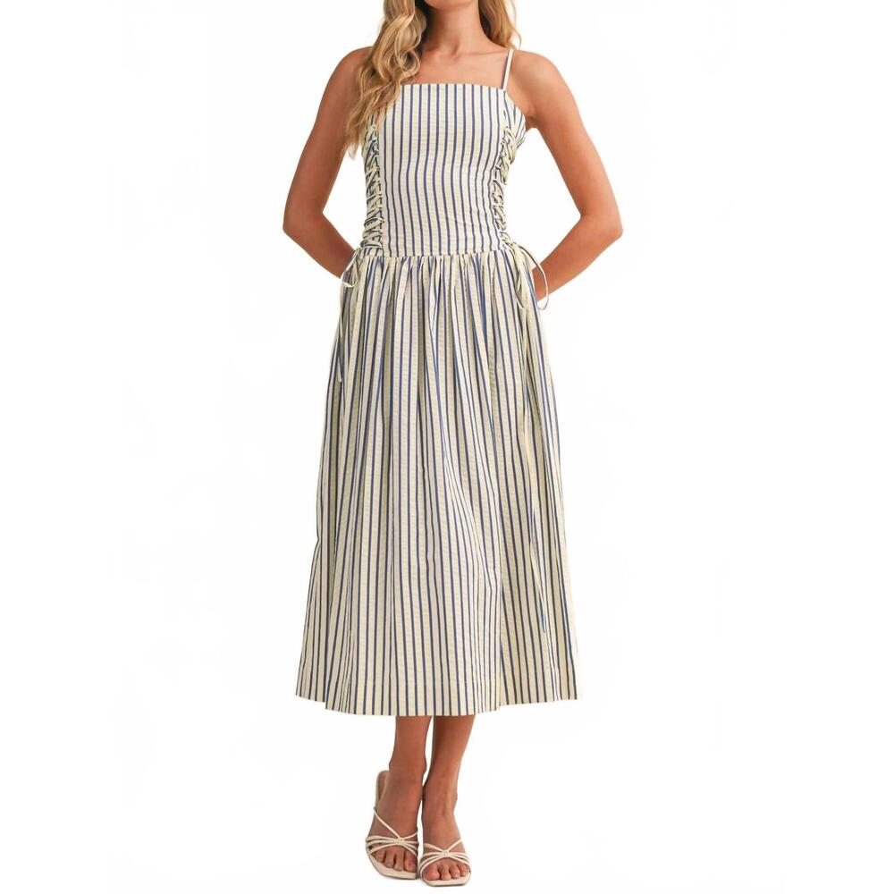 NEW KLESIS tied detail midi dress in blue stripe
